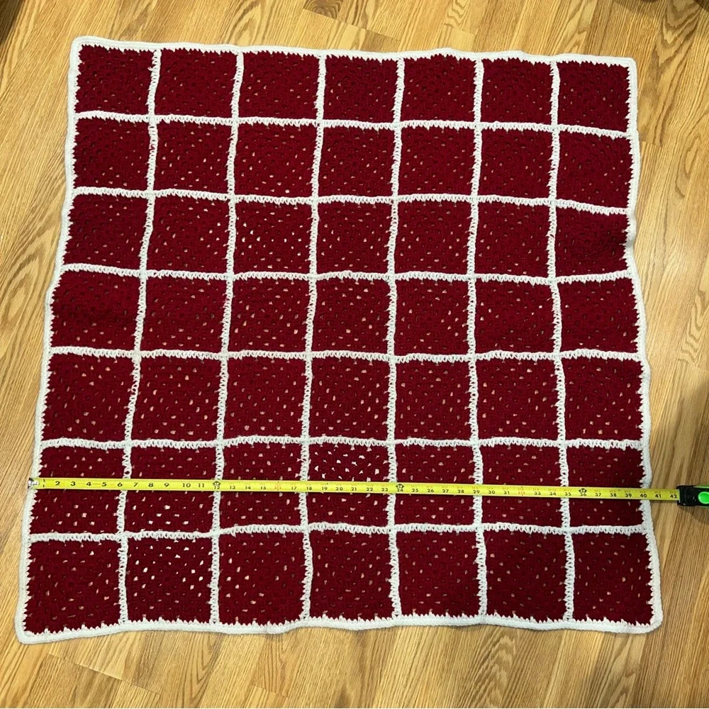 Crochet Red and White Granny Lap Blanket Throw Handmade 39” x‎ 41”